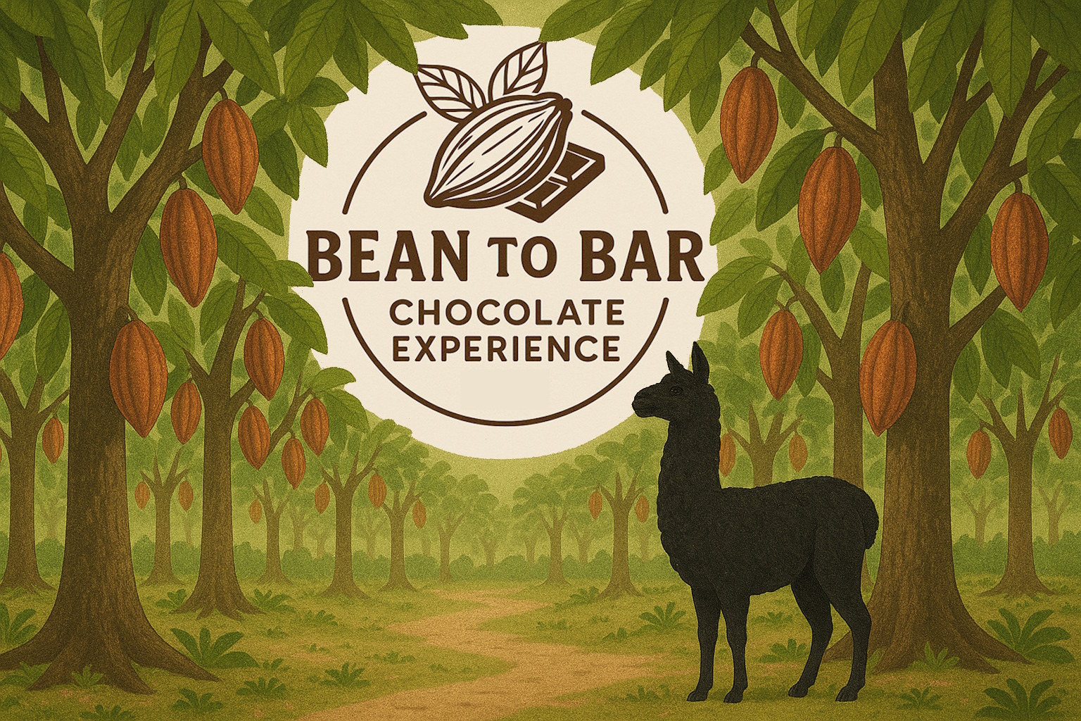 bosque de cacao con llama