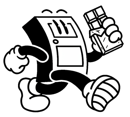 logotipo inusual de una cafetería comiendo chocolate con la mano izquierda y participando en un taller de elaboración de chocolate.