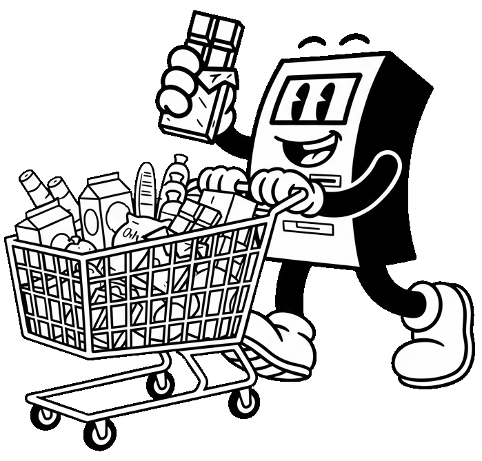 logo the unusual depicting the cafe's mascot going shopping for chocolate